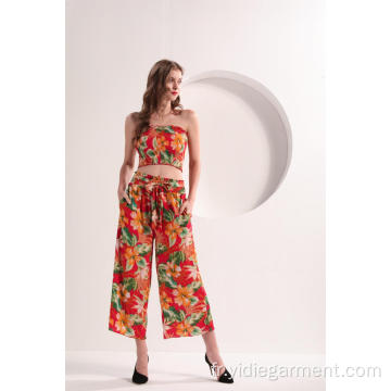 Pantalon large taille haute à imprimé floral pour femme